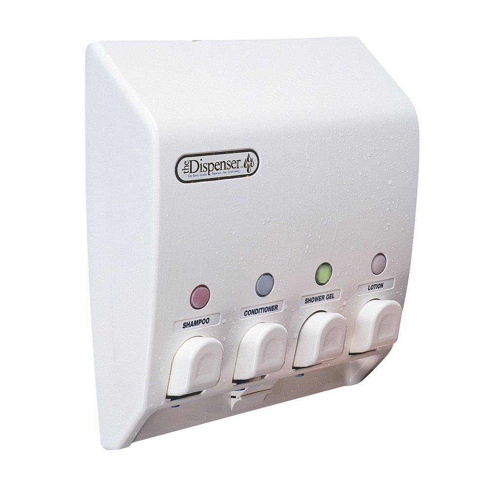 Better Living Classic Shower Dispenser 4 Chamber, Wall Mount Shower Shampoo and Soap Dispenser for Bathroom Hotel Body Wash, No Drill Adhesive, 4 x 14.5 oz, 9.5" x 3" x 10.75", White