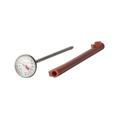 Taylor Instant Read Analog Meat Food Grill BBQ Cooking Kitchen Thermometer with Red Pocket Sleeve for Calibration, 1 inch dial, Stainless Steel