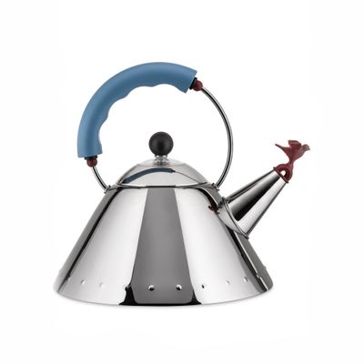 Alessi 9093 - Design Kettle with Handle and Bird-Shaped Whistle, Stainless Steel and PA, Light Blue
