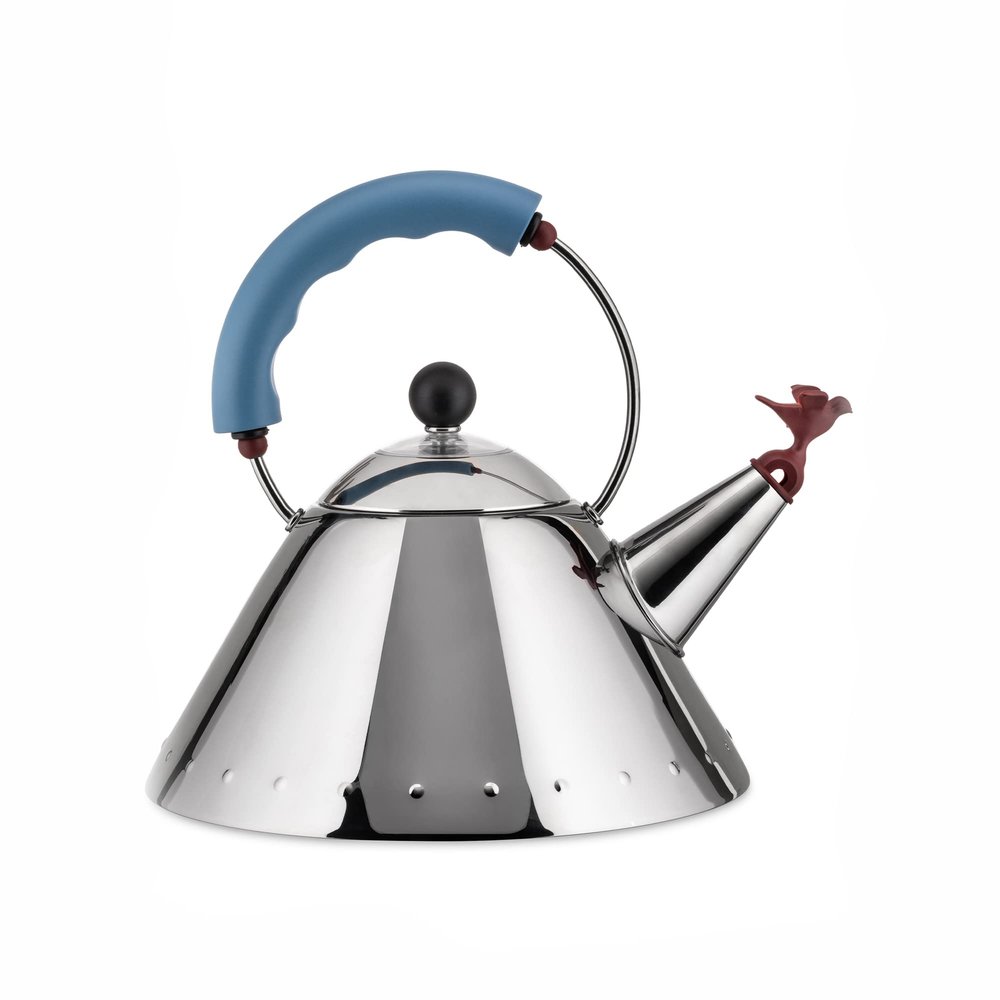 Alessi 9093 - Design Kettle with Handle and Bird-Shaped Whistle, Stainless Steel and PA, Light Blue