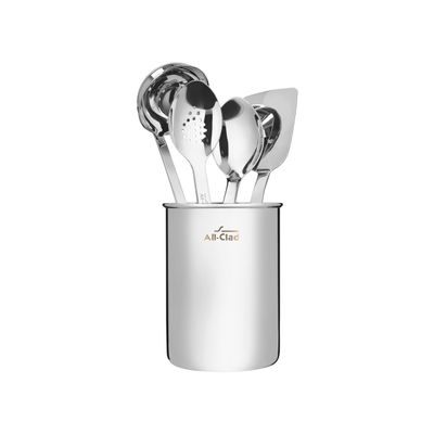 All-Clad 5-Piece Stainless Steel Kitchen Utensil Set  Includes Ladle, Solid Spoon, Slotted Spoon, Turner & Storage Caddy  Heavy-Gauge, Ergonomic, Dishwasher Safe, Silver
