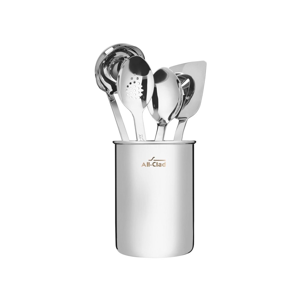 All-Clad 5-Piece Stainless Steel Kitchen Utensil Set Includes Ladle, Solid Spoon, Slotted Spoon, Turner & Storage Caddy Heavy-Gauge, Ergonomic, Dishwasher Safe, Silver