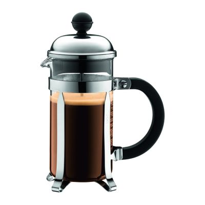 Bodum 12oz Chambord French Press Coffee Maker, High-Heat Borosilicate Glass, Polished Stainless Steel Made in Portugal