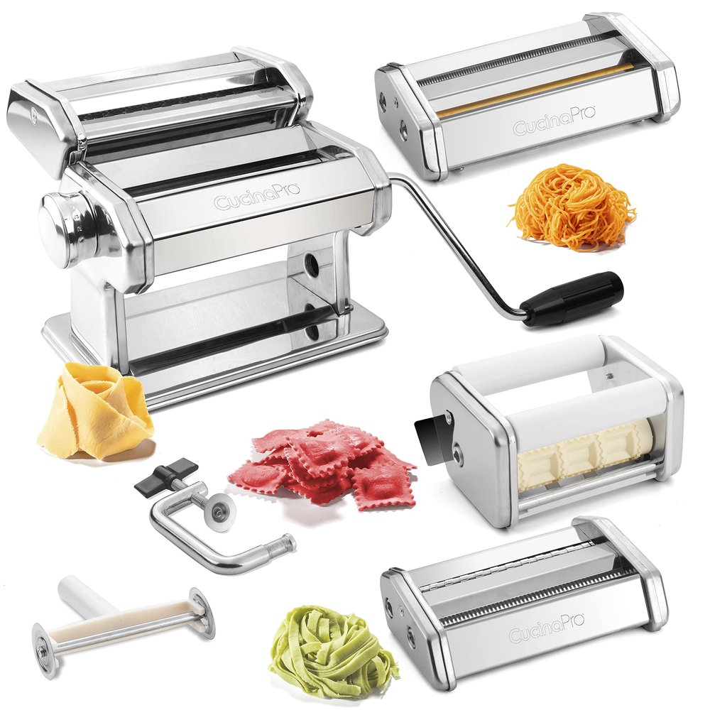 Pasta Maker Deluxe Set- Stainless Steel Machine w 3 Interchangeable Attachments- Make 5 Different Pastas- Spaghetti Fettuccini Angel Hair Ravioli Lasagnette- Durable Cutters for Adjustable Thicknesses