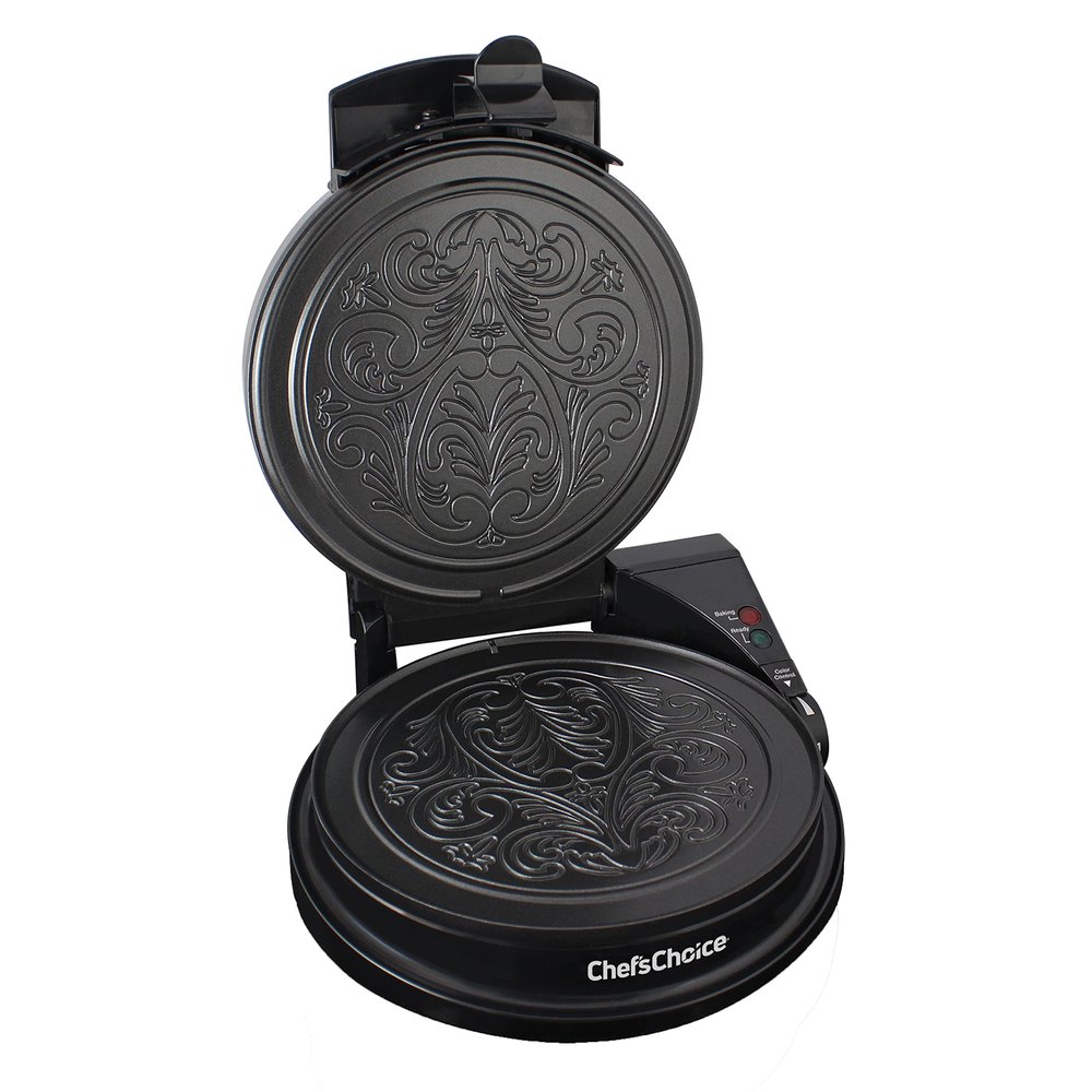 Chef'sChoice KrumKake Maker Features Nonstick Surface and Instant Heat Recovery with Temperature Control and Ready Light To Make 6-Inch Cookies, Ready and Baking Lights With Roller, 1050-Watts, Silver