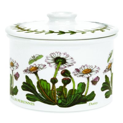 Portmeirion Botanic Garden Drum Shaped Covered Sugar Bowl | 7 Ounce Sugar Bowl with Daisy Motif | Made in England from Fine Earthenware | Dishwasher Safe