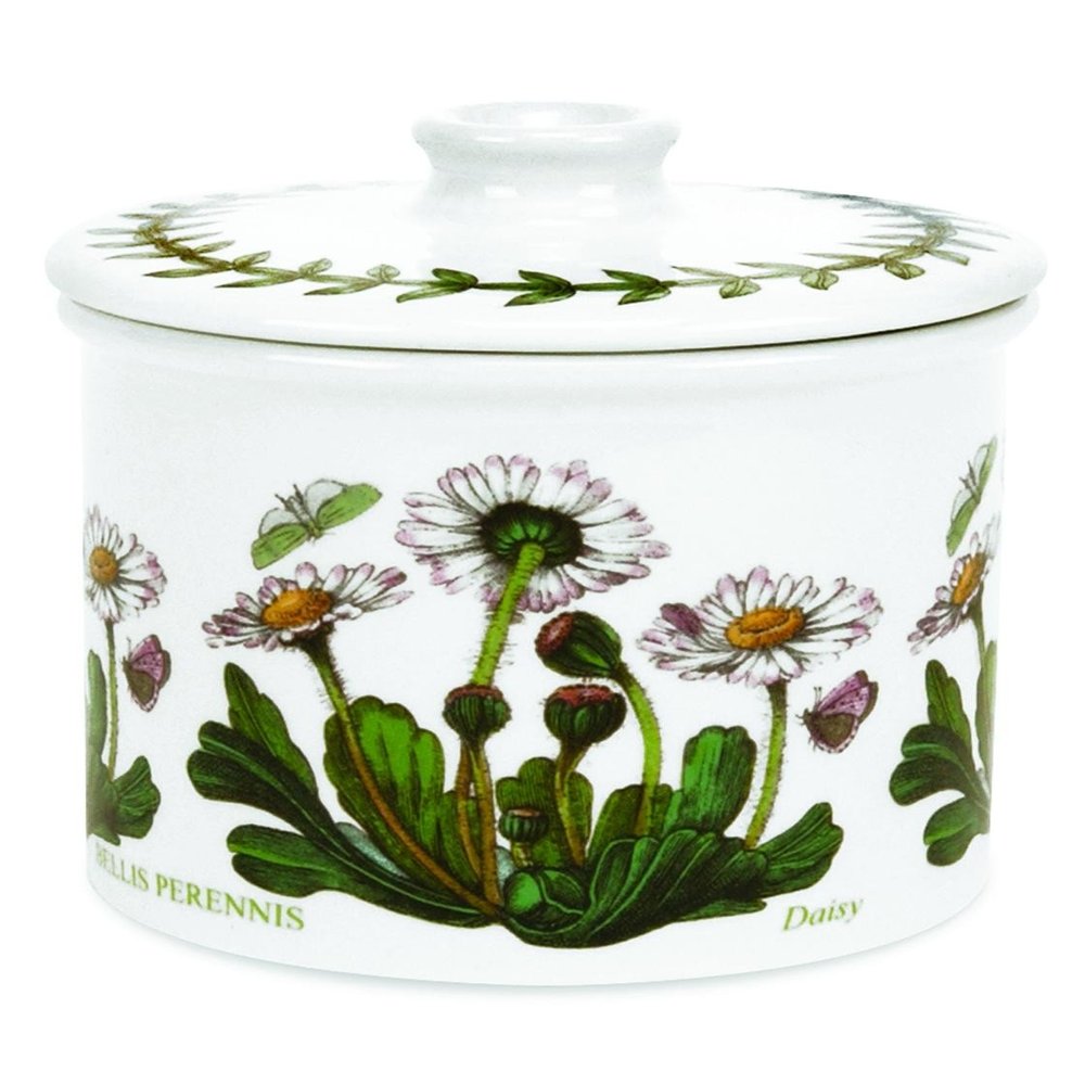 Portmeirion Botanic Garden Drum Shaped Covered Sugar Bowl | 7 Ounce Sugar Bowl with Daisy Motif | Made in England from Fine Earthenware | Dishwasher Safe