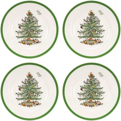 Spode Christmas Tree 8" Salad Plate, Set of 4 - Festive Holiday Earthenware Plate with Christmas Tree Design, Green Bordered Edges, Microwave, Dishwasher, Freezer, Oven Safe