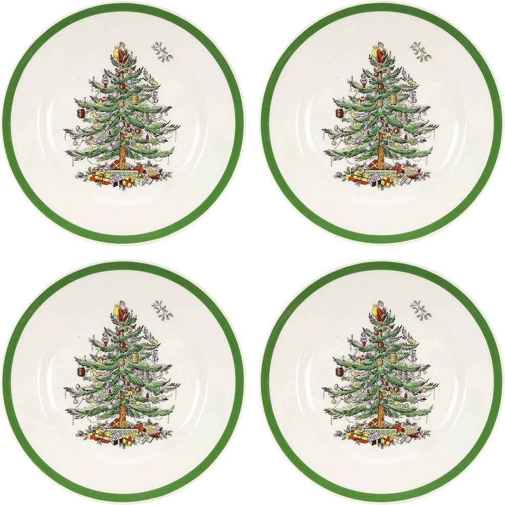 Spode Christmas Tree 8" Salad Plate, Set of 4 - Festive Holiday Earthenware Plate with Christmas Tree Design, Green Bordered Edges, Microwave, Dishwasher, Freezer, Oven Safe