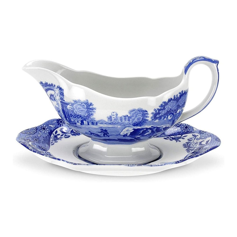 Spode Blue Italian 9 Oz Gravy Boat and Saucer, Earthenware Sauce Boat with Large Handle, Classic Countryside Design, Perfect for Gravy, Sauces, Salad Dressings, Dishwasher & Microwave Safe