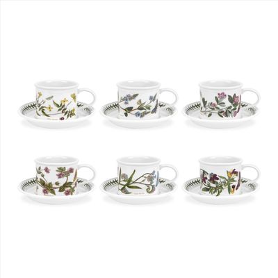 Portmeirion Botanic Garden 7oz Teacup & Saucer (Set of 4) - Poppy Motif, Drum Shaped Porcelain Tea Set, Chip-Resistant Glaze - Dishwasher, Microwave, Freezer, Oven Safe - Floral Afternoon Tea