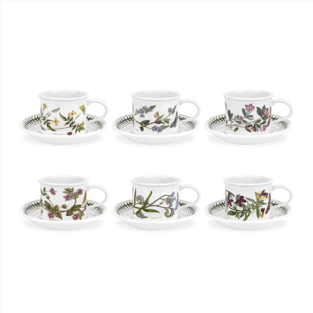 Portmeirion Botanic Garden 7oz Teacup & Saucer (Set of 4) - Poppy Motif, Drum Shaped Porcelain Tea Set, Chip-Resistant Glaze - Dishwasher, Microwave, Freezer, Oven Safe - Floral Afternoon Tea