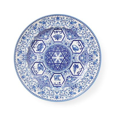 Spode Judaica Passover Seder Plate - 12 Inch Round Fine Porcelain Dish with Illustrated Seder Symbols - Blue & White Judaic Design Inspired by 1880's Manuscripts - Microwave & Dishwasher Safe