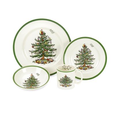 Spode Christmas Tree 4-Piece Dinnerware Setting - Fine Earthenware Holiday Tableware - Dishwasher & Microwave Safe, Festive Christmas Plates, Bowls, Mug - Holiday Dining Essentials