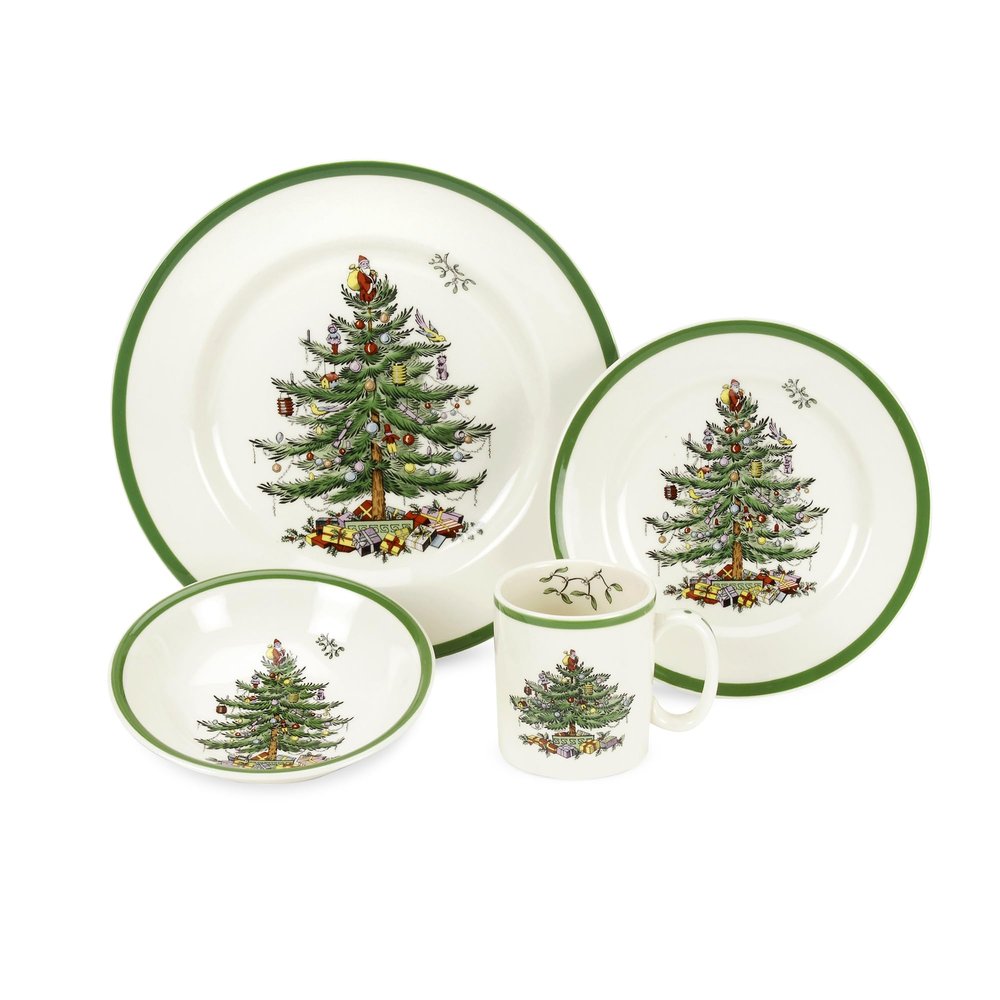 Spode Christmas Tree 4-Piece Dinnerware Setting - Fine Earthenware Holiday Tableware - Dishwasher & Microwave Safe, Festive Christmas Plates, Bowls, Mug - Holiday Dining Essentials