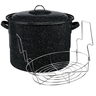 Granite Ware Canning Pot with Rack & Lid - 21 Quart Large Boiling Water Canning Set for Jar Sterilization & Pickling on Stove/Open Flame Scratch-Resistant Porcelain Enamel & Steel Core (Black)