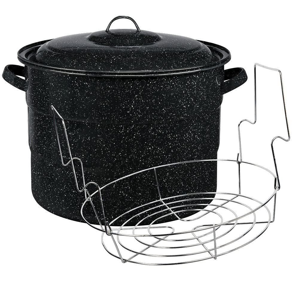 Granite Ware Canning Pot with Rack & Lid - 21 Quart Large Boiling Water Canning Set for Jar Sterilization & Pickling on Stove/Open Flame Scratch-Resistant Porcelain Enamel & Steel Core (Black)