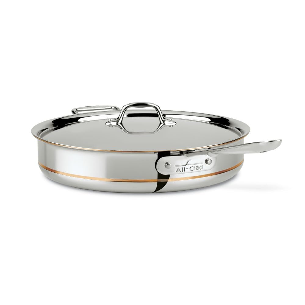 All-Clad Copper Core 5-Ply Stainless Steel Saut Pan with Steel Lid 6 Quart Induction Oven Broiler Safe 600F Pots and Pans, Cookware Silver