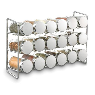 Polder Chrome 18-Jar Compact Spice Rack, 18-5 ounce Glass Jar has Perforated Shaker Caps, Chrome Plated Lids, Sleek Enough for Countertop, Compact for Cabinet Storage
