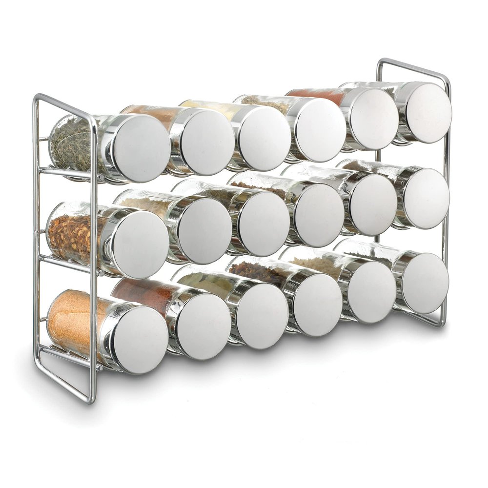 Polder Chrome 18-Jar Compact Spice Rack, 18-5 ounce Glass Jar has Perforated Shaker Caps, Chrome Plated Lids, Sleek Enough for Countertop, Compact for Cabinet Storage