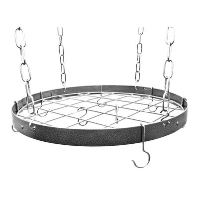 Gourmet Round Hanging Pot Rack with Grid Finish: Hammered Steel/Chrome
