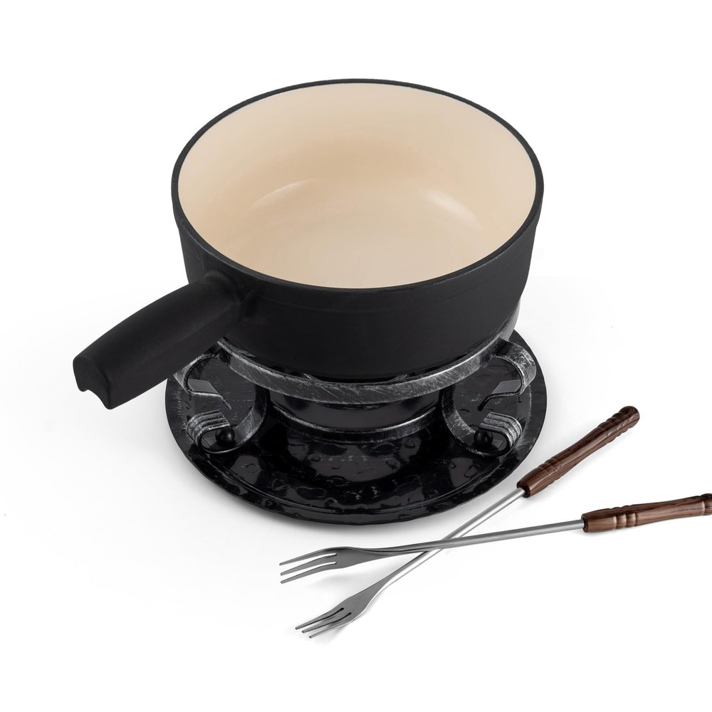 Swissmar Lugano Cast Iron Cheese Fondue Set, 9-Piece, 2 QT / 2 L - Ideal for Melting Cheese, Chocolates, Caramel, & More - Perfect for Kitchen Collection & Gift Giving - Matte Black