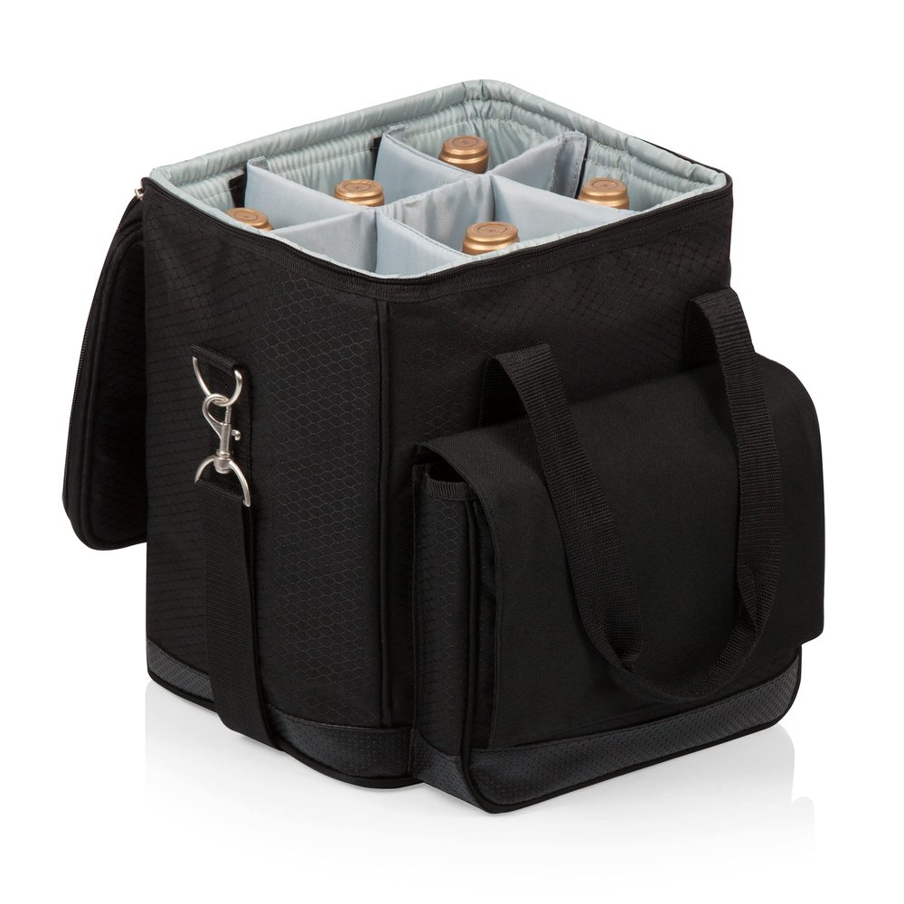 PICNIC TIME Cellar 6-Bottle Wine Carrier & Cooler Tote, Insulated Padded Wine Cooler Bag for Travel, Portable Bag with Polyester Exterior and Water-Resistant Base, (Black with Gray Accents)
