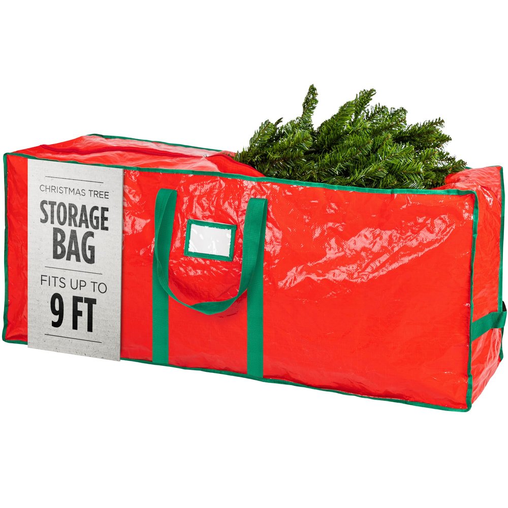 Christmas Tree Storage Bag - Stores 9 Foot Artificial Xmas Holiday Tree, Durable Waterproof Material, Zippered Bag, Carry Handles - Protects Against Dust, Insects and Moisture (Red)