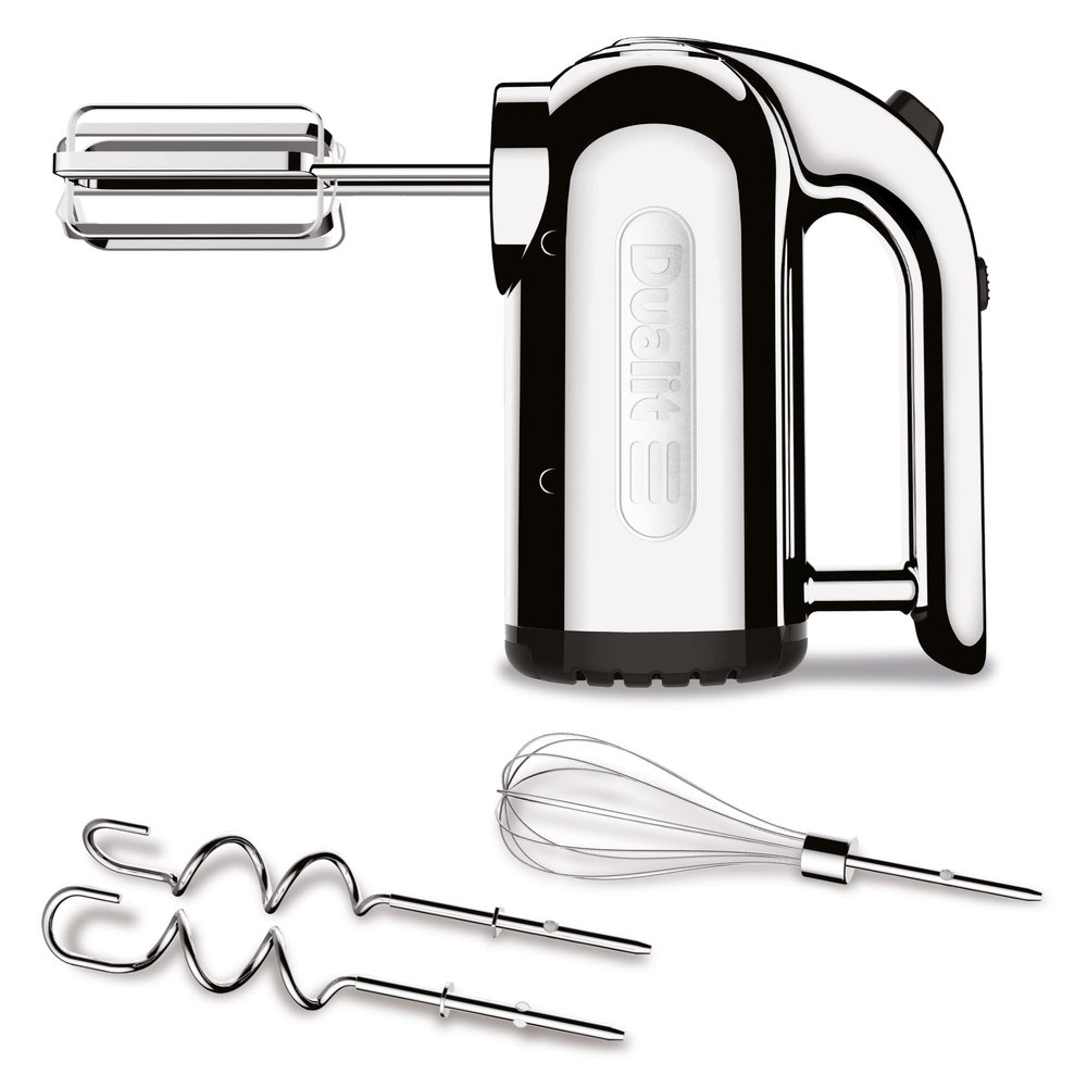 Dualit Hand Mixer - 300W- Strong Grip Handle - Attachments Included - Integral Plug Storage - 4 Speed Settings - Repairable gears - Flat Beaters, Dough Hooks, Balloon Whisk