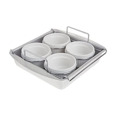 Chicago Metallic Professional 6-Piece Creme Brulee Set with 4 Porcelain Ramekins, 8-inch Square Pan and Wire Rack