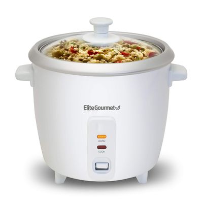 Elite Gourmet ERC-003 Electric Rice Cooker with Automatic Keep Warm Makes Soups, Stews, Grains, Hot Cereals, White, 6 Cups Cooked (3 Cups Uncooked)