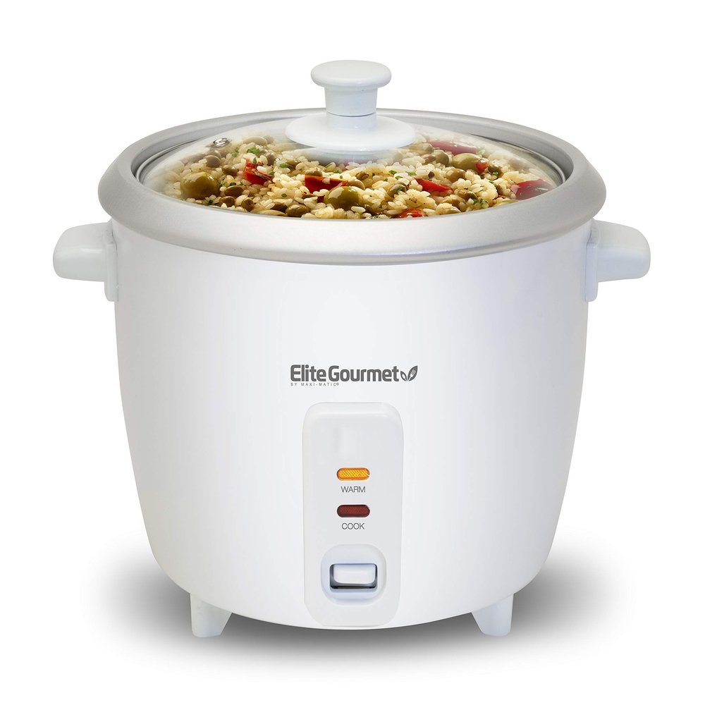Elite Gourmet ERC-003 Electric Rice Cooker with Automatic Keep Warm Makes Soups, Stews, Grains, Hot Cereals, White, 6 Cups Cooked (3 Cups Uncooked)