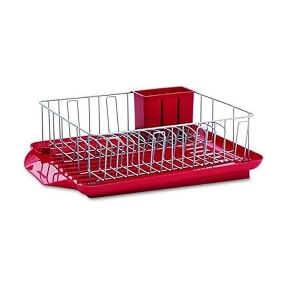 Farberware Classic Large Rust Resistant Full Dishrack with Removable 3 Compartment Flatware Caddy, Andlged Drain Board, 3-Piece, Red