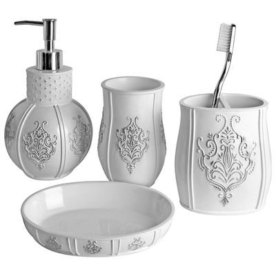 Creative Scents Vintage White Bathroom Accessories Set - 4 Piece Bathroom Set - Farmhouse French Country Bathroom Accessory Set Features: Soap Dispenser, Toothbrush Holder, Tumbler & Soap Dish
