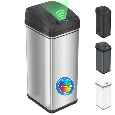 iTouchless 13 Gallon Kitchen Trash Can with Odor Filter, Automatic Motion Sensor Bin, Soft-Close Stainless Steel, Slim Wastebasket for Narrow Spaces, Silver