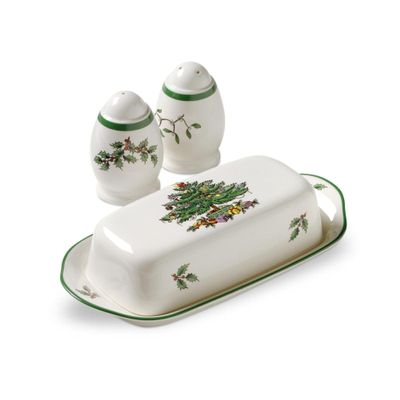 Spode Christmas Tree 3-Piece Hostess Set Butter Dish with Lid, Salt Shaker & Pepper Shaker Festive Earthenware for Christmas & Holiday Entertaining Dishwasher Safe Gift Set