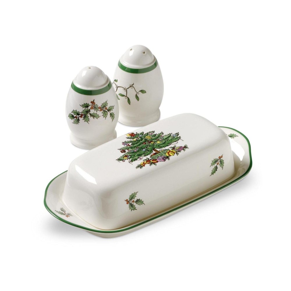 Spode Christmas Tree 3-Piece Hostess Set Butter Dish with Lid, Salt Shaker & Pepper Shaker Festive Earthenware for Christmas & Holiday Entertaining Dishwasher Safe Gift Set