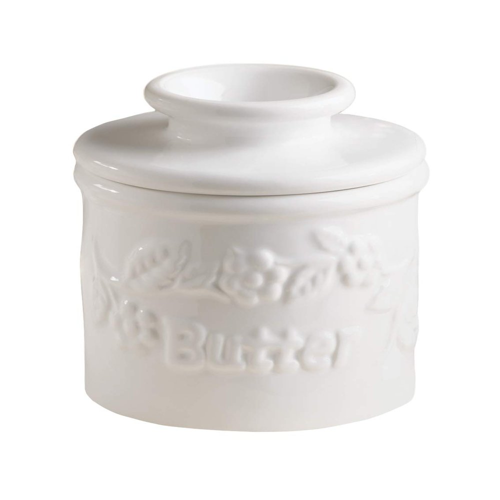 Butter Bell - The Original Butter Bell crock by L Tremain, a Countertop French Ceramic Butter Dish Keeper for Spreadable Butter, La Fleur Collection (White Raised Floral)