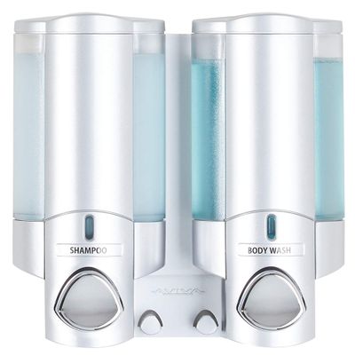 Better Living Aviva Shower Dispenser 2 Chamber, Wall Mount Shower Soap Dispenser for Bathroom Hotel Body Wash, Built-in Hooks, No Drill, Waterproof Shampoo Soap Dispenser, 2 x 11 oz, Satin Silver