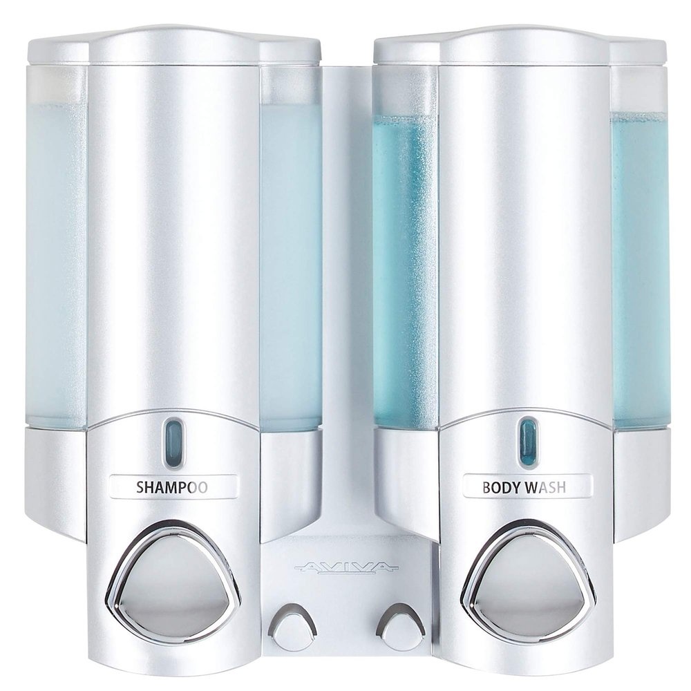 Better Living Aviva Shower Dispenser 2 Chamber, Wall Mount Shower Soap Dispenser for Bathroom Hotel Body Wash, Built-in Hooks, No Drill, Waterproof Shampoo Soap Dispenser, 2 x 11 oz, Satin Silver