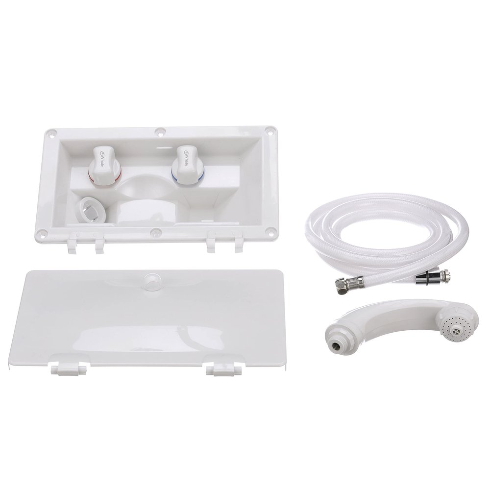 Whale RT2658 Swim n Rinse Transom Shower, Hot and Cold Water, Lockable Hinged Cover, White ABS Housing, 7-Foot Hose