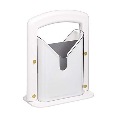 Hoan The Original Bagel Guillotine Slicer - 9.25-Inch Stainless Steel Blade Slicer - Safe and Efficient Easy Bagel Cutter for Muffins, Rolls, Buns with Precision Ground Serrated Blade (White)
