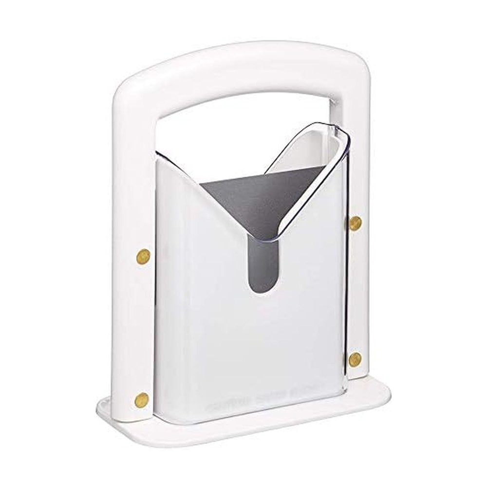 Hoan The Original Bagel Guillotine Slicer - 9.25-Inch Stainless Steel Blade Slicer - Safe and Efficient Easy Bagel Cutter for Muffins, Rolls, Buns with Precision Ground Serrated Blade (White)