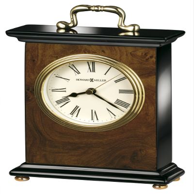 Howard Miller Berkley Table Clock - Roman Numerals Walnut Wood Finish Desk Clock- Vintage Mantel Clock with Brass Handle - Silent Quartz Movement Desk Clocks for Home, Office, Bedroom, Living Room