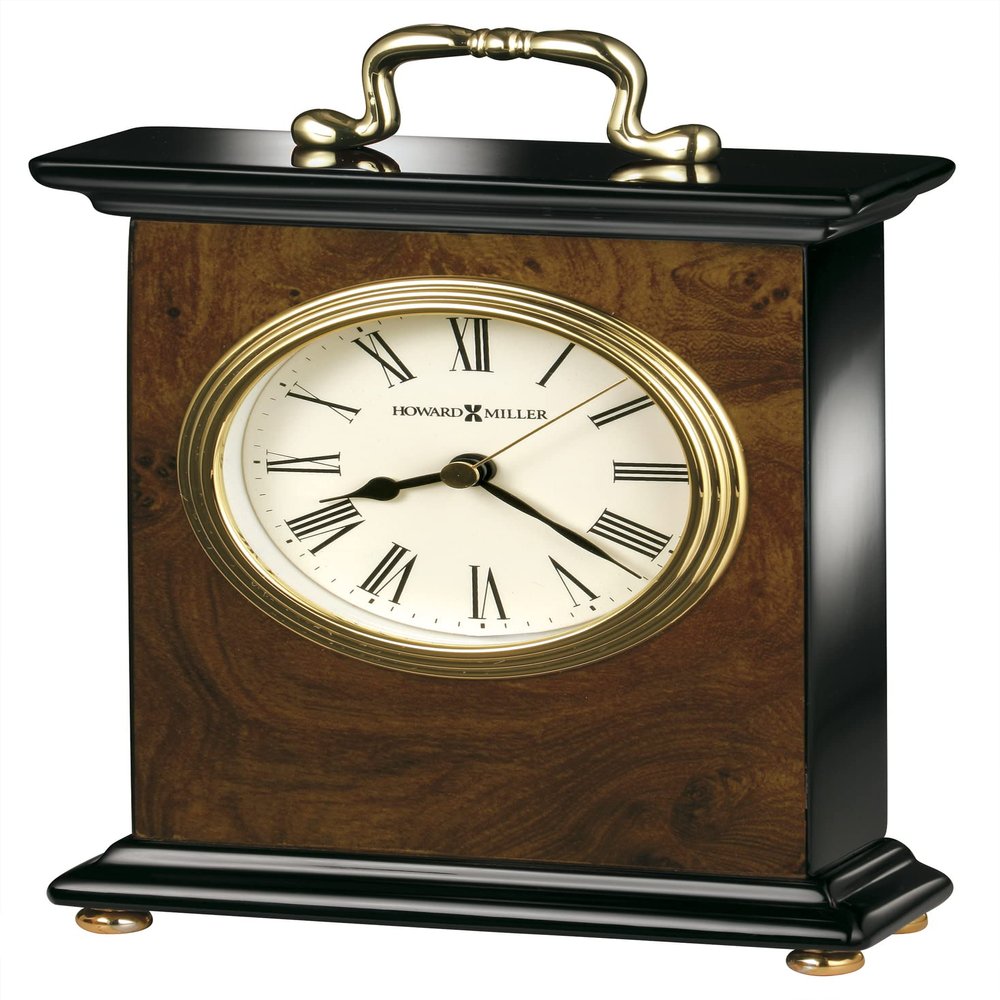 Howard Miller Berkley Table Clock - Roman Numerals Walnut Wood Finish Desk Clock- Vintage Mantel Clock with Brass Handle - Silent Quartz Movement Desk Clocks for Home, Office, Bedroom, Living Room