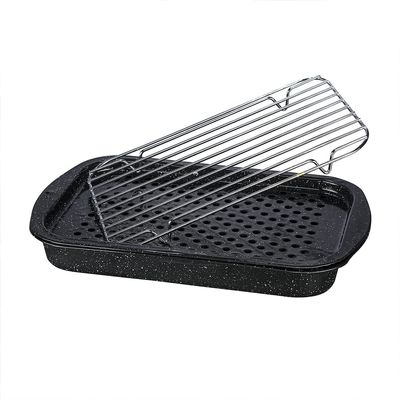 Granite Ware 3 piece multiuse set. Enameled steel bake, broiler pan, and grill with rack. Versatile for oven and direct fire cooking. Resists up to 932F.
