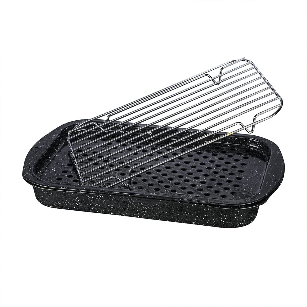 Granite Ware 3 piece multiuse set. Enameled steel bake, broiler pan, and grill with rack. Versatile for oven and direct fire cooking. Resists up to 932F.