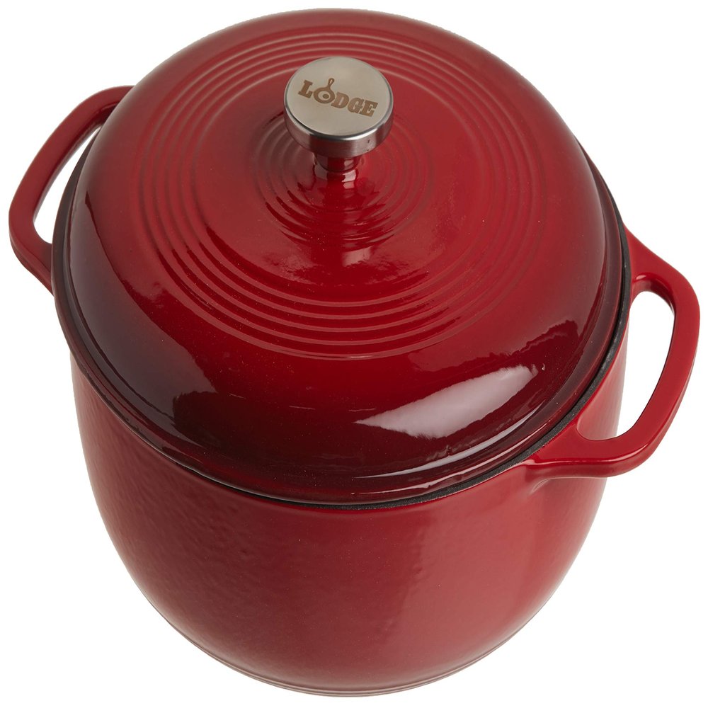 Lodge 6 Quart Enameled Cast Iron Dutch Oven with Lid Dual Handles Oven Safe up to 500 F or on Stovetop - Use to Marinate, Cook, Bake, Refrigerate and Serve Island Spice Red