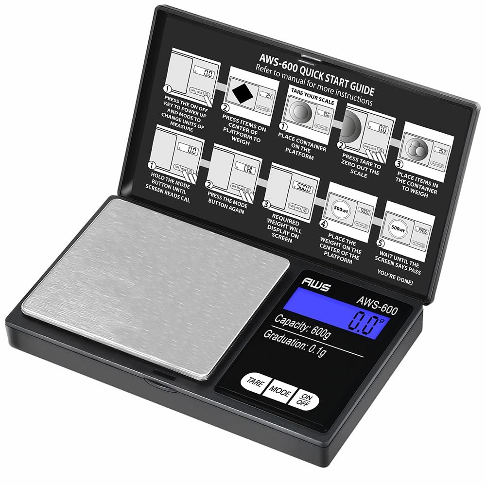 American Weigh Scales Digital Pocket Scale 600g x 0.1g with LCD Display Gram, Ounce, Carat, Grain for Coins, Jewellery, Gemstones, Metals, Kitchen, Food & Medicines Black