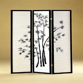 3-panel Black Finish Wooden Screen W/bamboo Design